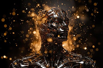 Cyborg mannequin with golden glowing lights, 3d rendering, Futuristic golden AI Android in cinematic lighting, cyborg man, futuristic technology - obrazy, fototapety, plakaty