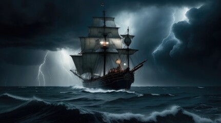 Fototapeta premium pirate ship in the storm at night background photo