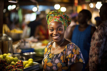 A cheerful woman, the owner of a vegetable stand, smiles warmly while serving customers fresh produce - obrazy, fototapety, plakaty