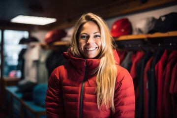 Content female customer selects skiing gear in a winter sports equipment shop - Powered by Adobe