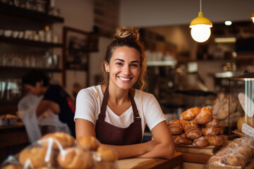 A delighted and smiling young woman manages the bakery, ensuring customers receive the finest baked goods - obrazy, fototapety, plakaty