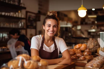 Tuinposter A delighted and smiling young woman manages the bakery, ensuring customers receive the finest baked goods © Konstiantyn Zapylaie