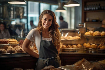 An enthusiastic female baker offers a warm smile as she displays her delicious treats and pastries