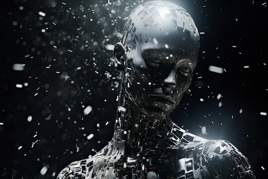 Cyborg woman in the dark, Artificial intelligence concept, 3D Rendering, female humanoid robot invention on dark black background, Surreal composition.