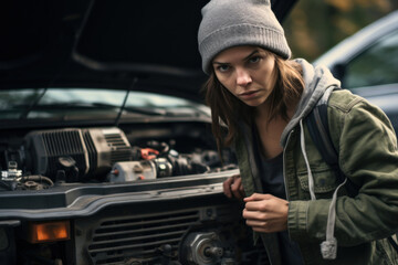 Astonished woman stares at her vehicle's engine, desperately seeking a solution to the unexpected car trouble