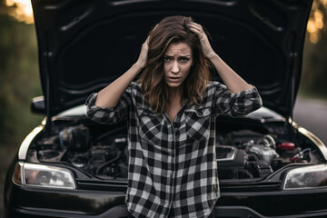 Woman in astonishment stands near her car with the hood up, trying to comprehend the reason behind the sudden engine failure - obrazy, fototapety, plakaty