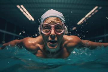 A woman swimmer glides through the pool water, her movements graceful and effortless