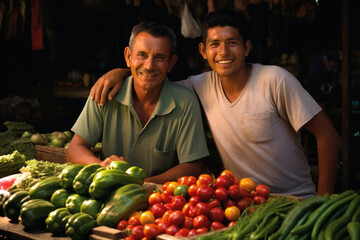 Fototapeta premium Two cheerful male vendors in a bustling fruit and vegetable market, displaying their fresh and colorful produce