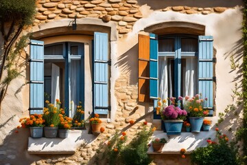 Fototapeta na wymiar Typical facade of the old Provencal retro house with windows and wooden shutters decorated with colorful fresh flowers in Provence