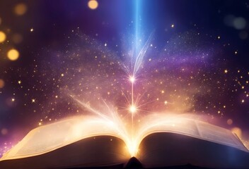Magic Book With Open Antique Pages And Abstract Bokeh Lights Glowing In Dark Background - Literature And Education Concept