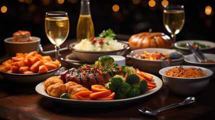 Christmas dinner table full of dishes with meat and vegetables. In the background is New Year's decor. The table is decorated with fir branches, garland lights, in a dark style