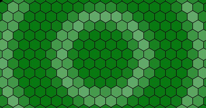 Glowing honeycomb shape pattern grid in circular Radial radiowave style. hexagonal honeycomb with offset effect. Green abstract glowing sci-fi background. Hexagonal wall moving in waves
