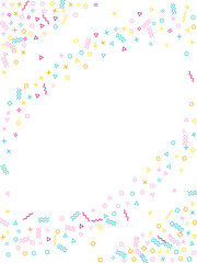 Memphis style geometric confetti background with triangle, circle, square, zigzag and wavy line