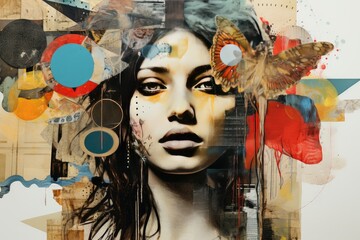 Art collage using different textures and colors. woman face