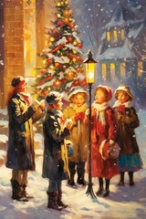 children sings christmas songs on street during the christmas - obrazy, fototapety, plakaty