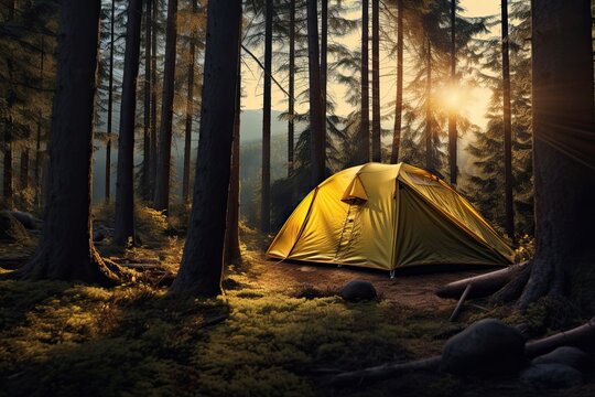 A yellow tent in the forest