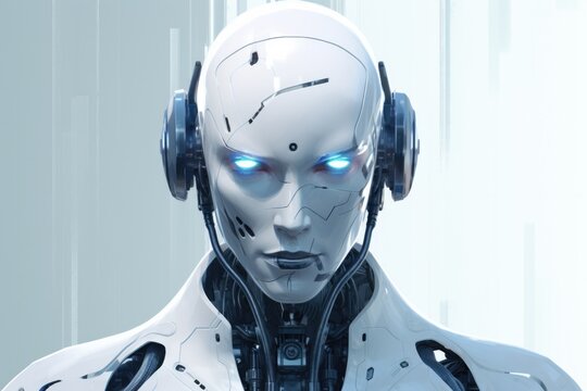 A close up of a robot with headphones on. Generative AI.