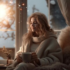 woman enjoys coffee by the fireplace during Christmas