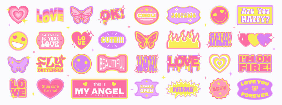 Big Set Of Trendy Stickers And Badges In Retro Y2K Aesthetics, Valentine's Day Cheering Labels With Short Phrases, Vector Illustration.