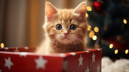 A gift for a Christmas. Little cute ginger kitty kitten fluffy domestic cat sitting into gift box next to the Christmas tree fir branches. Magic Christmas night with garland lights. New Year Eve and - obrazy, fototapety, plakaty