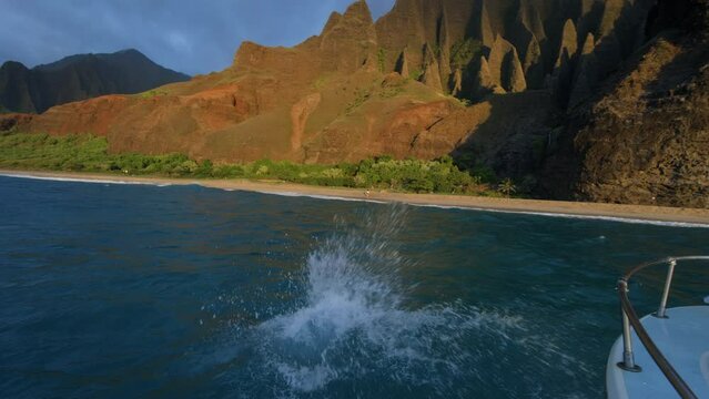 Beautiful Woman Diving Into Ocean Near Hawaiian Island - Wide, Slow Motion Shot