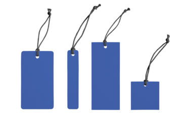 Various shape of blank blue paper label or cloth tag set isolated on white, transparent background, PNG. Price tag mockup template with copy space for brand, information. Shopping, black friday sale