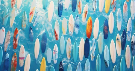 A large group of surfboards sitting in the ocean. Generative AI.
