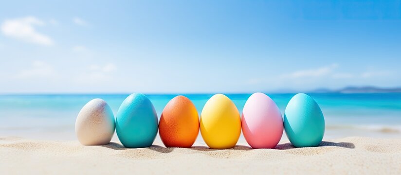 Easter or summer holiday concept vibrant eggs on white sandy beach by blue sea