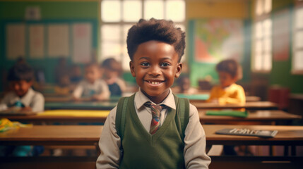 A young boy in a green vest and tie standing in a classroom. Generative AI. - obrazy, fototapety, plakaty