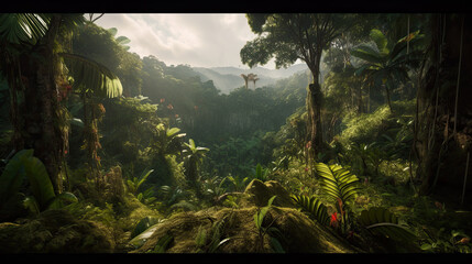 Illustration off tropical rain forest. - obrazy, fototapety, plakaty