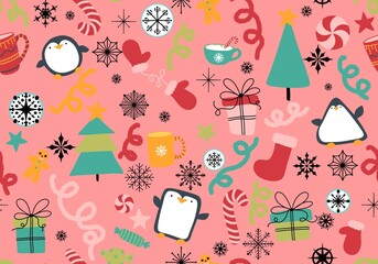 Christmas animals seamless penguin and gloves and snowflakes and tree and toys pattern for wrapping paper