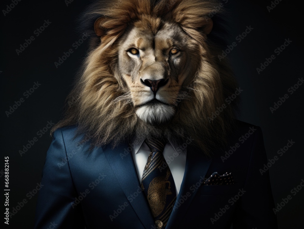 Poster A lion wearing a suit and tie. Generative AI.