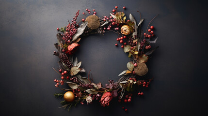 Elegant Autumnal and Fall Wreath with Dried/Live Flowers, Leaves, and Berries -  Dark, Moody, Textured Vintage Background with Copy Space - Overhead Flat Lay View - Thanksgiving Winter Holiday Concept