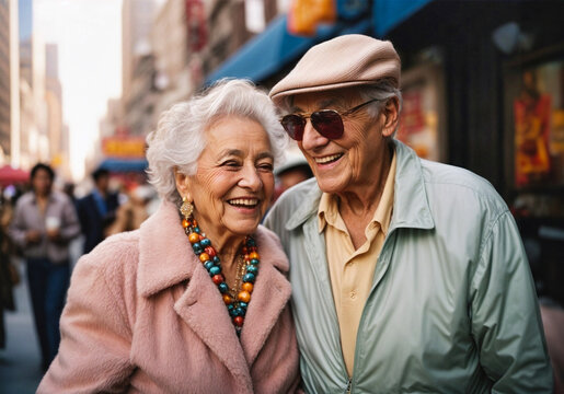 An extravagant and joyful elderly couple happily strolls through the streets of New York. Couple happiness concept.