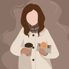 girl with a cup of coffee and cinnamon bun - faceless vector illustration