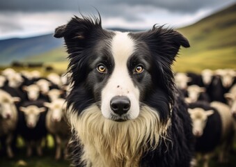 Fototapeta premium A black and white dog standing in front of a herd of sheep. Generative AI.