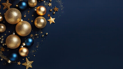 Modern Blue Christmas background with gold balls. Elegant greeting card, Happy New Year banner