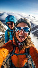 Two women taking their selfie on an alpine mountain.