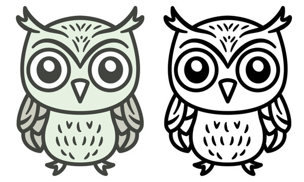 Cute Owl doodle style vector illustration, Cute owlet , night bird   doodle cartoon style colored and black and white line art for coloring book stock vector image