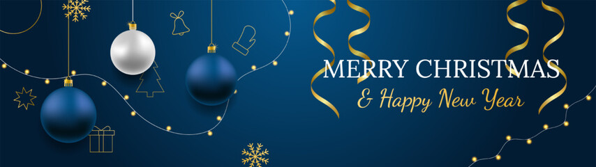 Merry Christmas and Happy New Year vector banner. Realistic rose gold and blue baubles, snowflakes hanging on dark blue background with realistic garland and confetti. Background gold Christmas icon