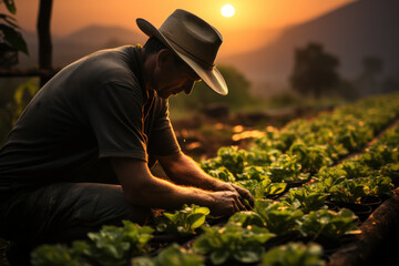 A farmer carefully tending to rows of thriving, sustainable crops. Concept of agricultural practices that can contribute to achieving Zero Hunger. Generative Ai.