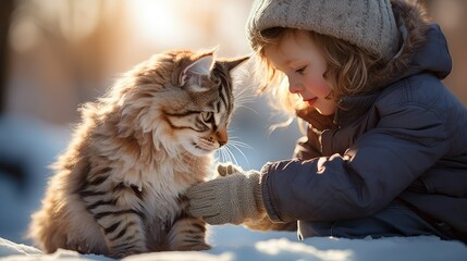 Little boy petting a cat in the snow on a sunny winter day. Best friends. Image generated with AI