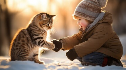 Little boy petting a cat in the snow on a sunny winter day. Friendship. Image generated with AI