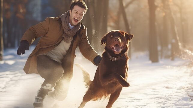 Young and attractive man playing with his dog on a cold and snowy. winter day. Chocolate labrador. Health. Lifestyle. Image generated with AI.