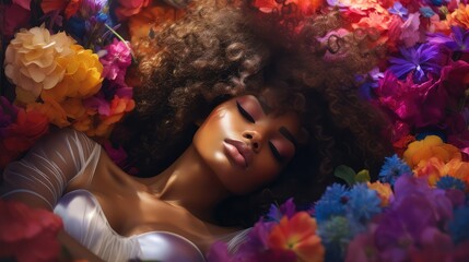 Futuristic style photograph of a beautiful black woman with long curly hair lying with her eyes closed and surrounded by colorful flowers. Image generated with AI.