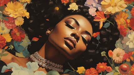 Vintage illustration of a beautiful black woman lying with her eyes closed and surrounded by colorful flowers. Image generated with AI.