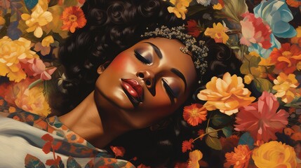 Vintage illustration of a young black woman lying with her eyes closed and surrounded by colorful flowers. Image generated with AI.