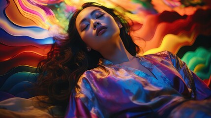 Realistic photograph of a beautiful Asian woman lying with her eyes closed and surrounded by colored lights. Image generated with IA.