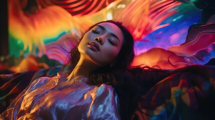 Realistic photograph of a young Asian woman lying with her eyes closed and surrounded by colored bright lights. Image generated with IA. - obrazy, fototapety, plakaty