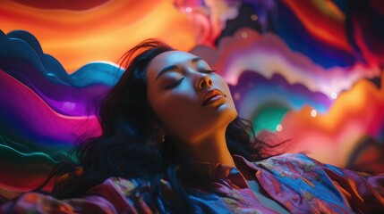 Realistic photograph of an Asian woman lying with her eyes closed and surrounded by colored lights. Image generated with IA. - obrazy, fototapety, plakaty
